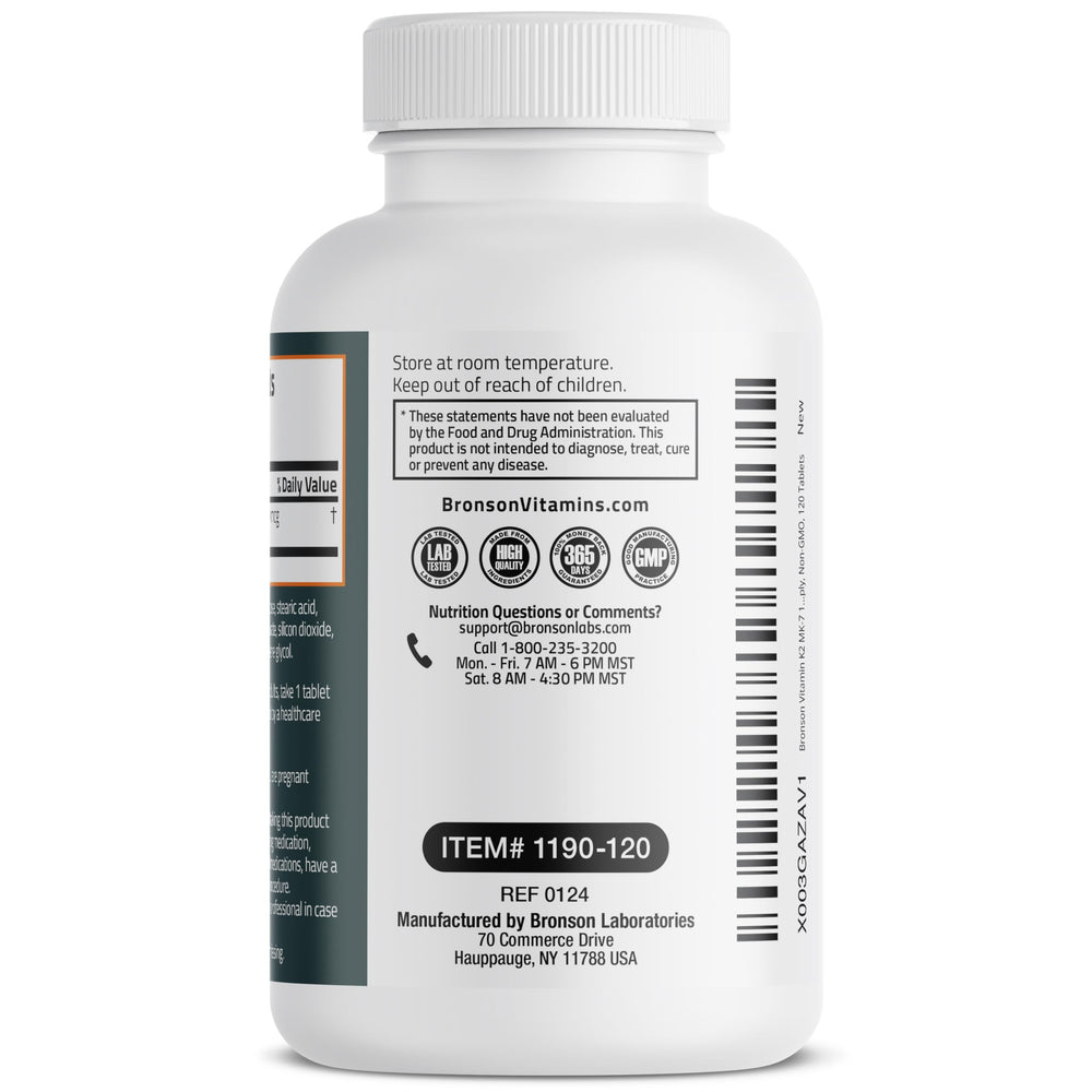 Bronson Vitamin K2 MK-7 bottle with dosage information label.