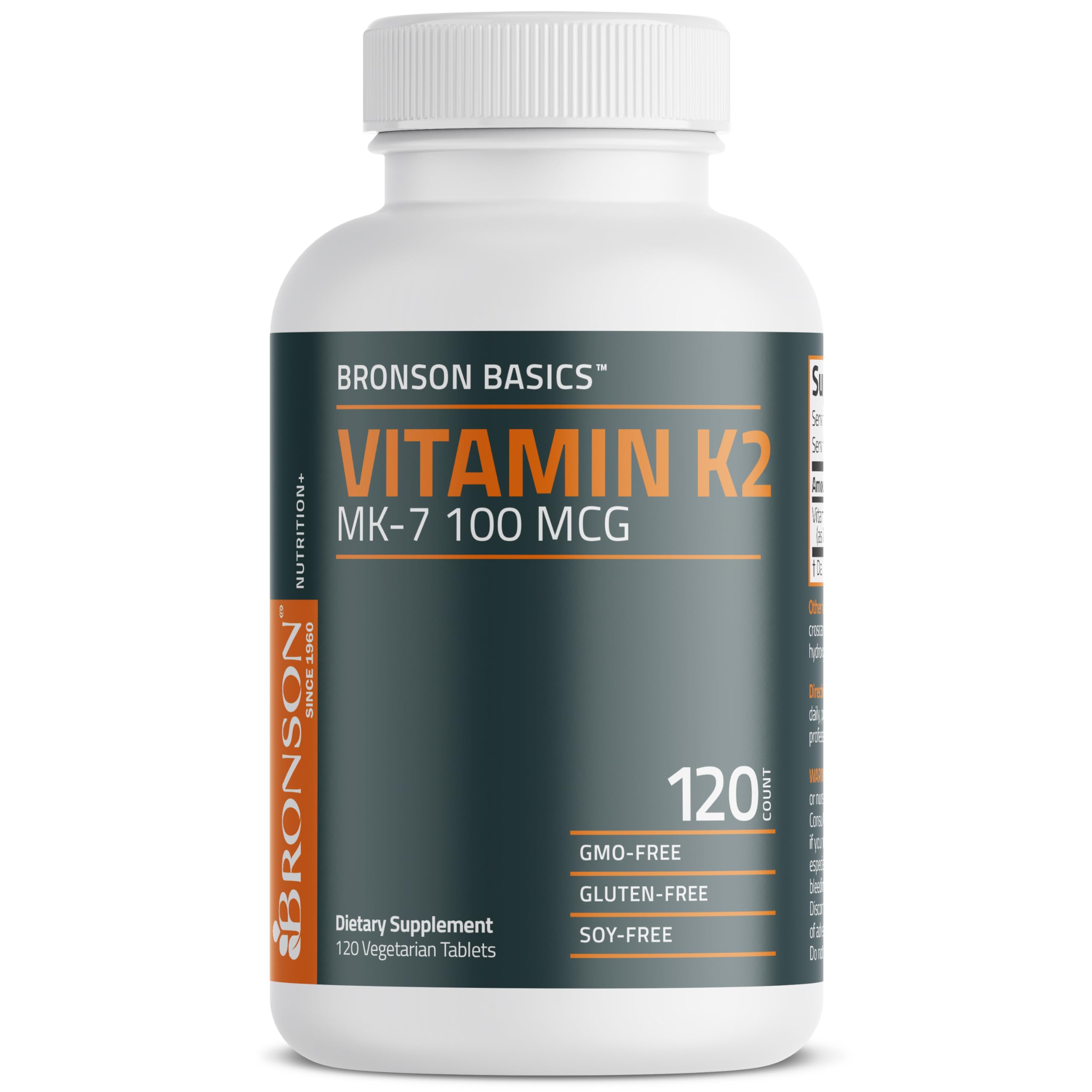 Bronson Vitamin K2 MK-7 packaging graphic with non-GMO and gluten-free badges.