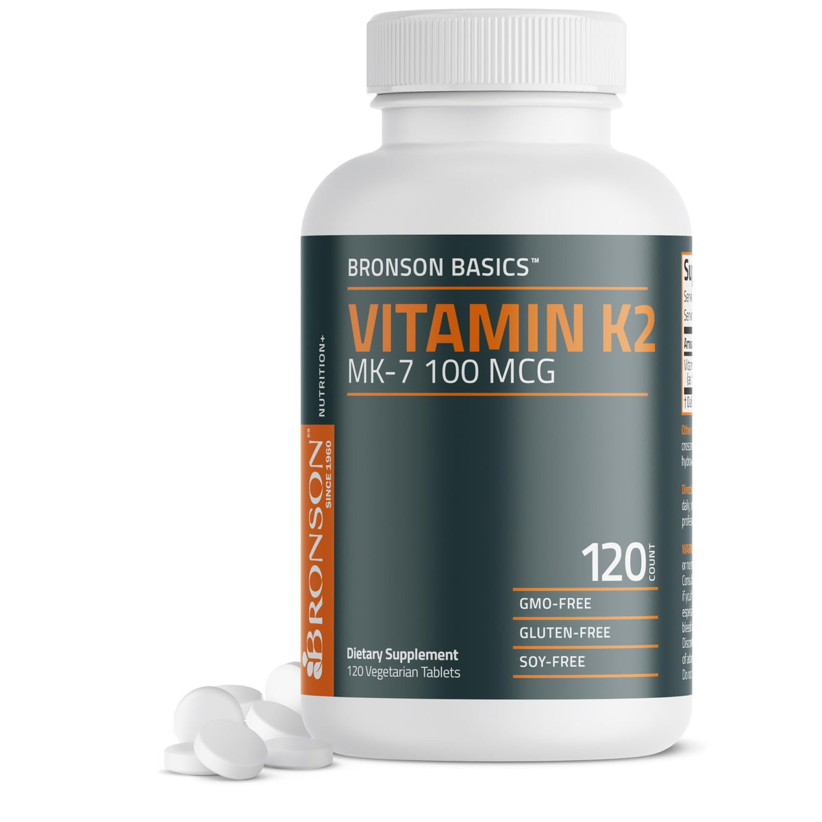 Bronson Vitamin K2 MK-7 bottle front, packaging highlights quality bone support.