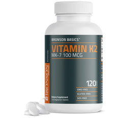 Bronson Vitamin K2 MK-7 bottle front, packaging highlights quality bone support.