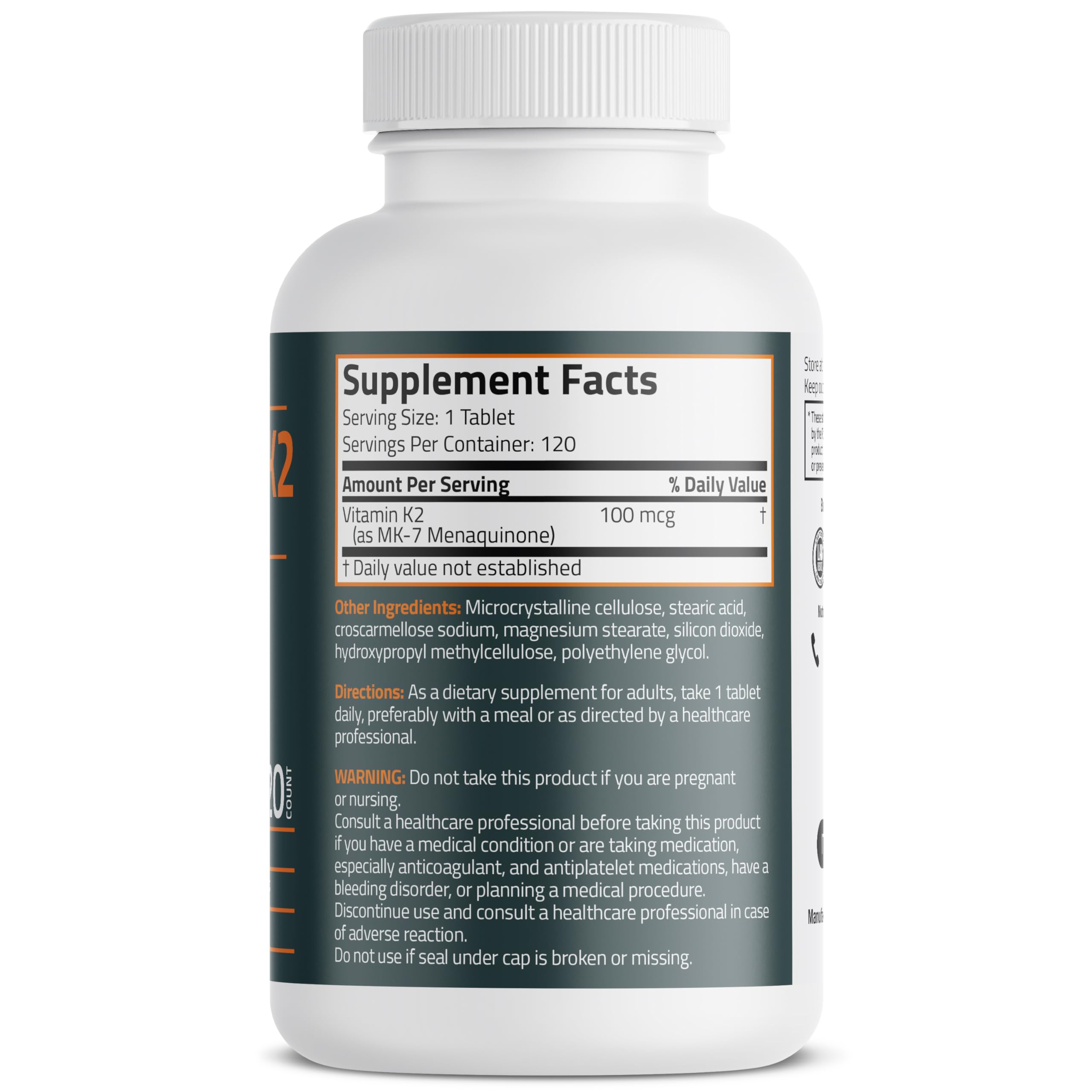 Bronson Vitamin K2 MK-7 label close-up showing 100 mcg potency.