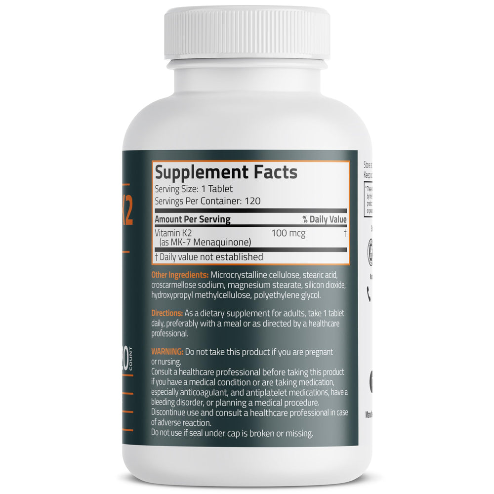 Bronson Vitamin K2 MK-7 label close-up showing 100 mcg potency.