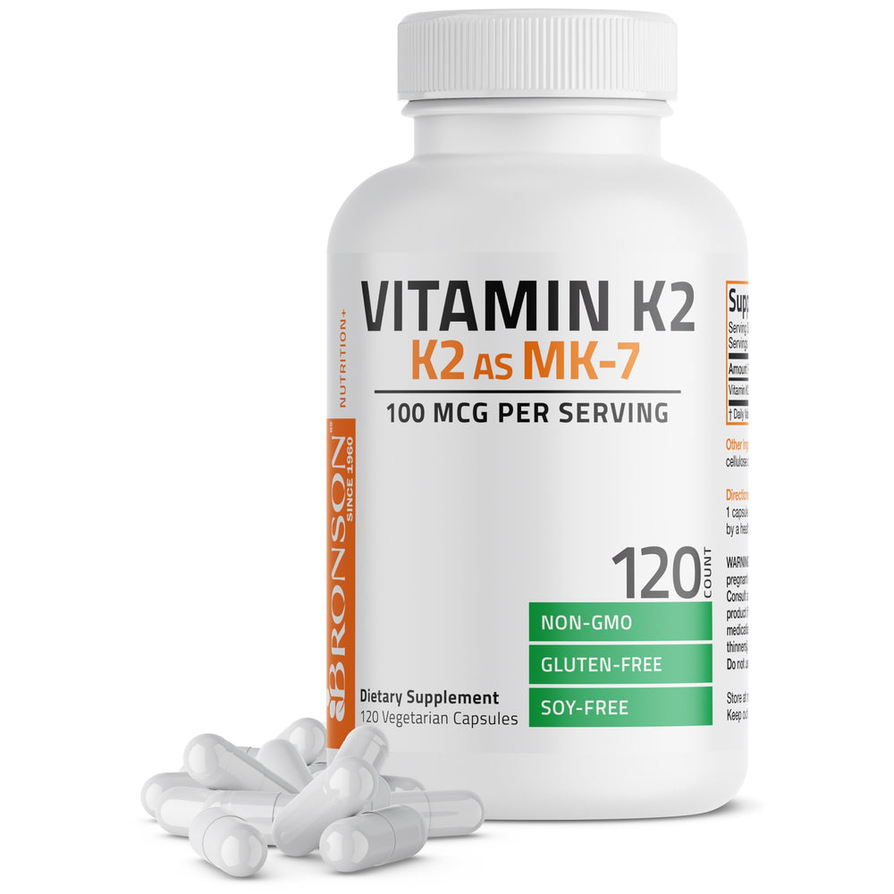 Bronson Vitamin K2 MK-7 100 mcg bottle; supports calcium guidance to bones.