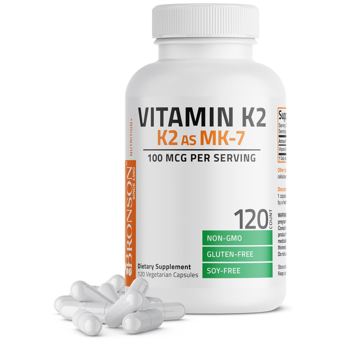 Bronson Vitamin K2 MK-7 100 mcg bottle; supports calcium guidance to bones.