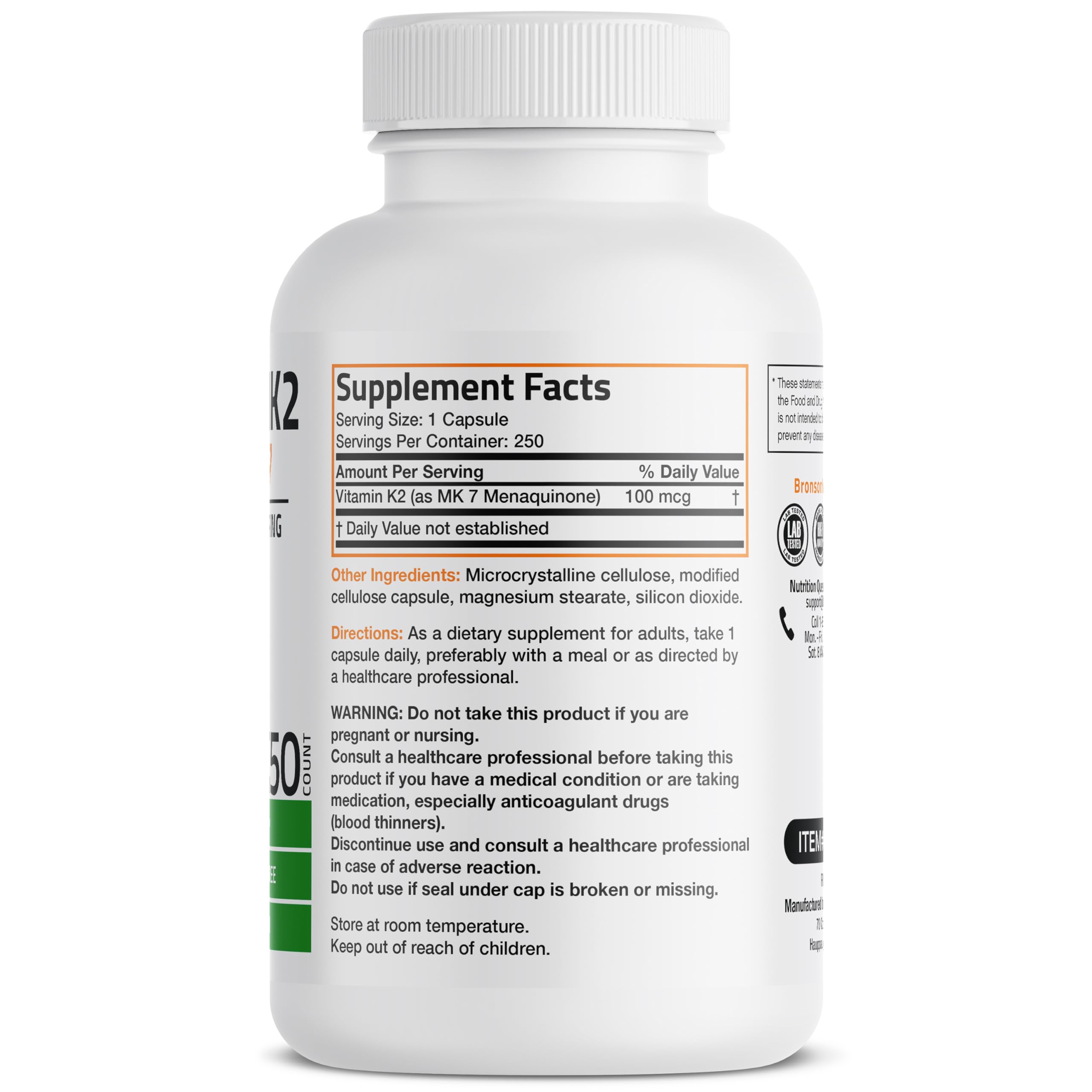 Bronson Vitamin K2 MK-7 250 capsules for convenient daily use