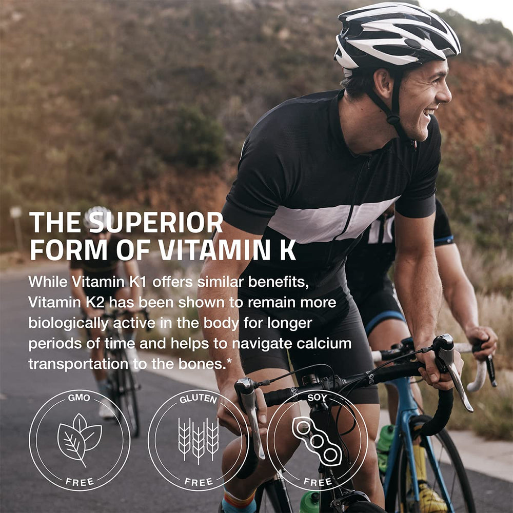Bronson Vitamin K2 MK-7 bottle on desk; convenient supplement bottle for daily use.