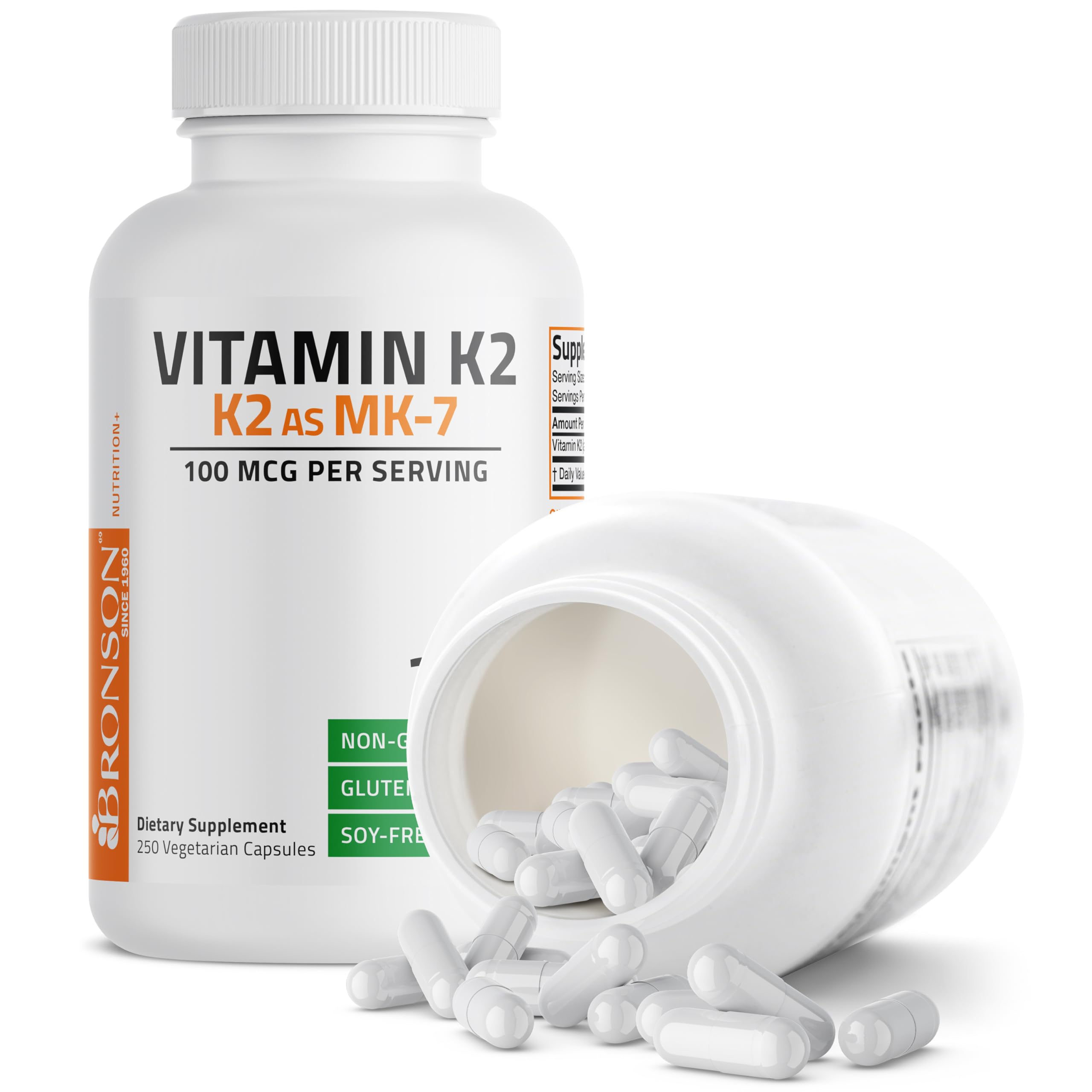 Bronson Vitamin K2 MK-7 bottle pour demonstrates easy daily intake