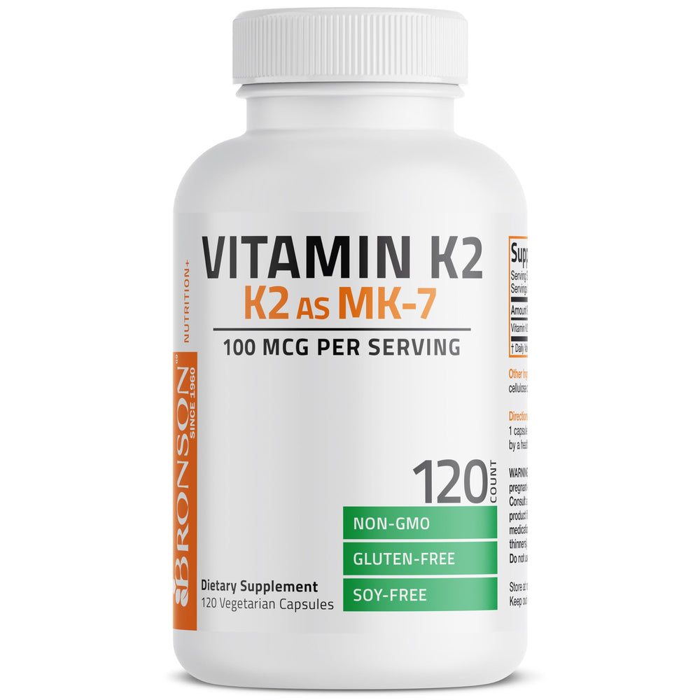 Bronson Vitamin K2 MK-7 capsules lineup; simple daily intake as part of wellness routine.