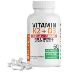 Bronson Vitamin K2 MK-7 with D3 bottle closeup for easy daily intake.