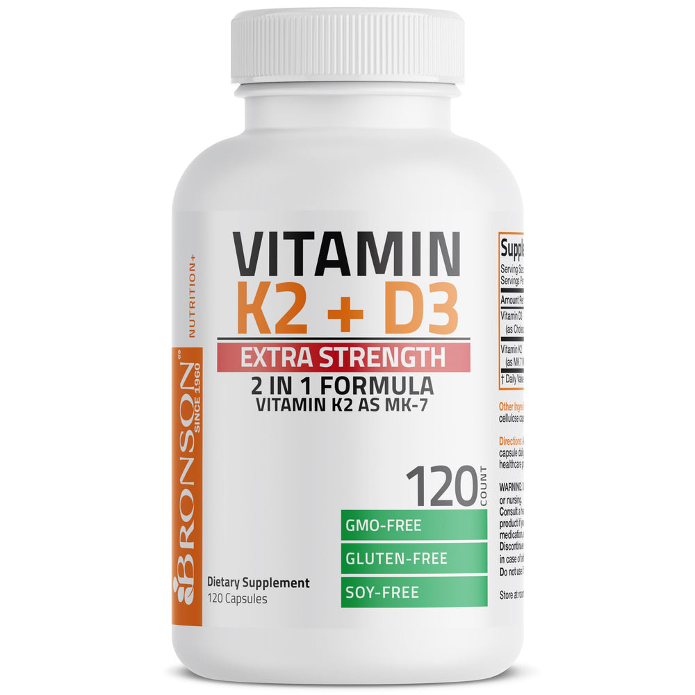 Bronson vitamin K2 MK-7 D3 bottle close-up with dosage details