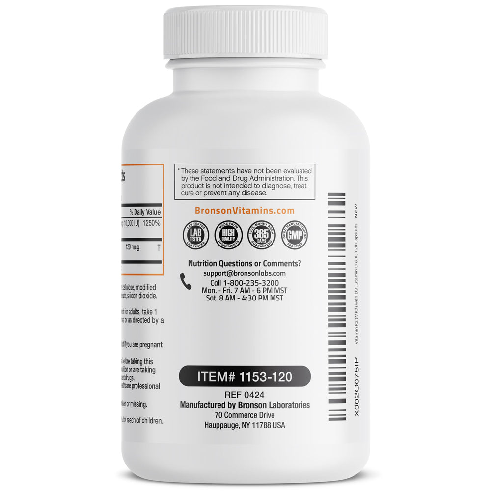 Bronson vitamin K2 MK-7 D3 bottle emphasizing easy-swallow capsules