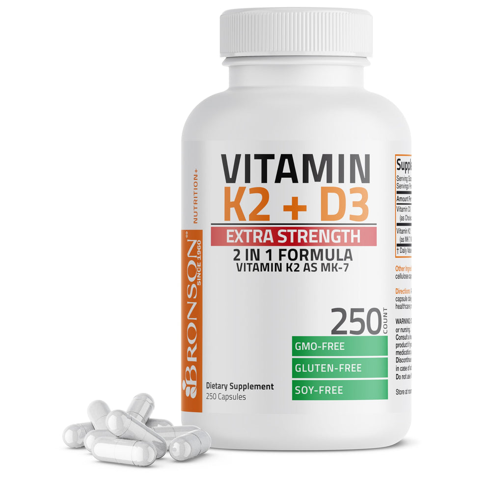 Bronson Vitamin K2 MK-7 with D3 bottle front view for daily bone and heart support