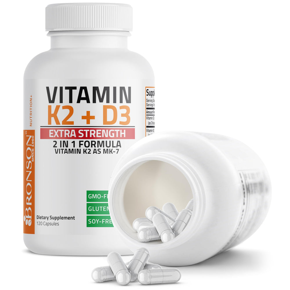 Bronson vitamin K2 MK-7 D3 capsules being poured from bottle