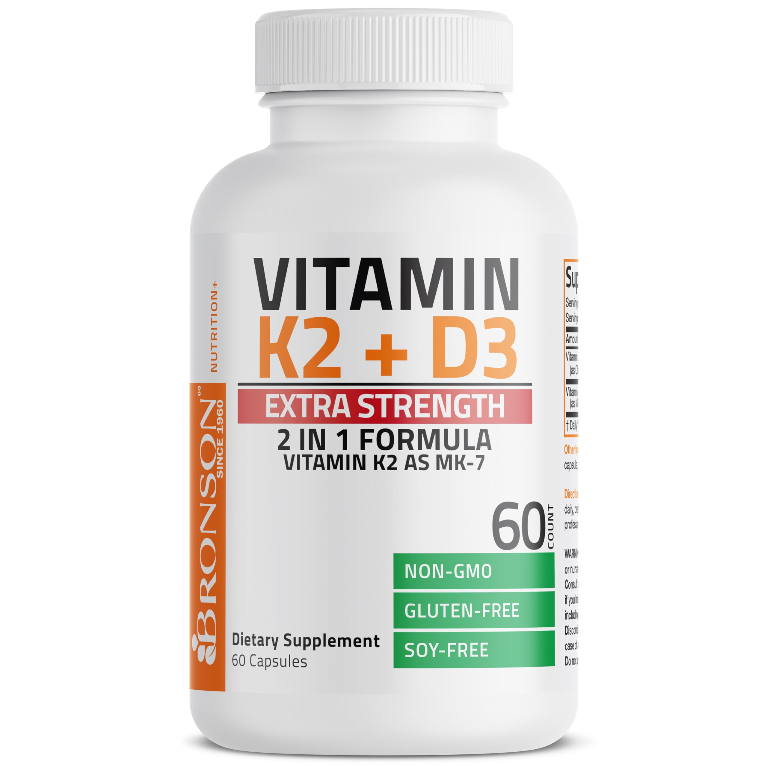 Bronson Vitamin K2 D3 label detail showing non-GMO formula.