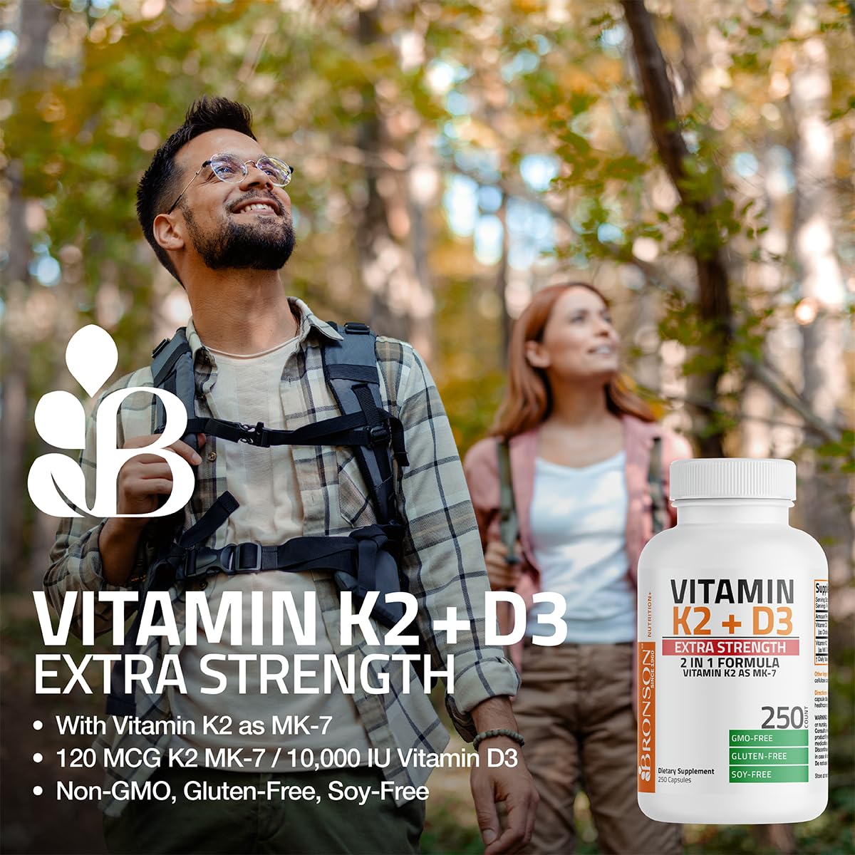 Bronson Vitamin K2 MK-7 with D3 label detail emphasizing MK-7 and D3 benefits