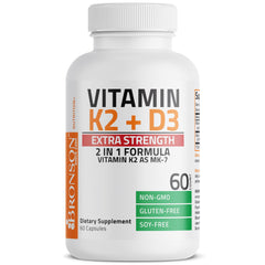 Bronson Vitamin K2 D3 label detail showing non-GMO formula.