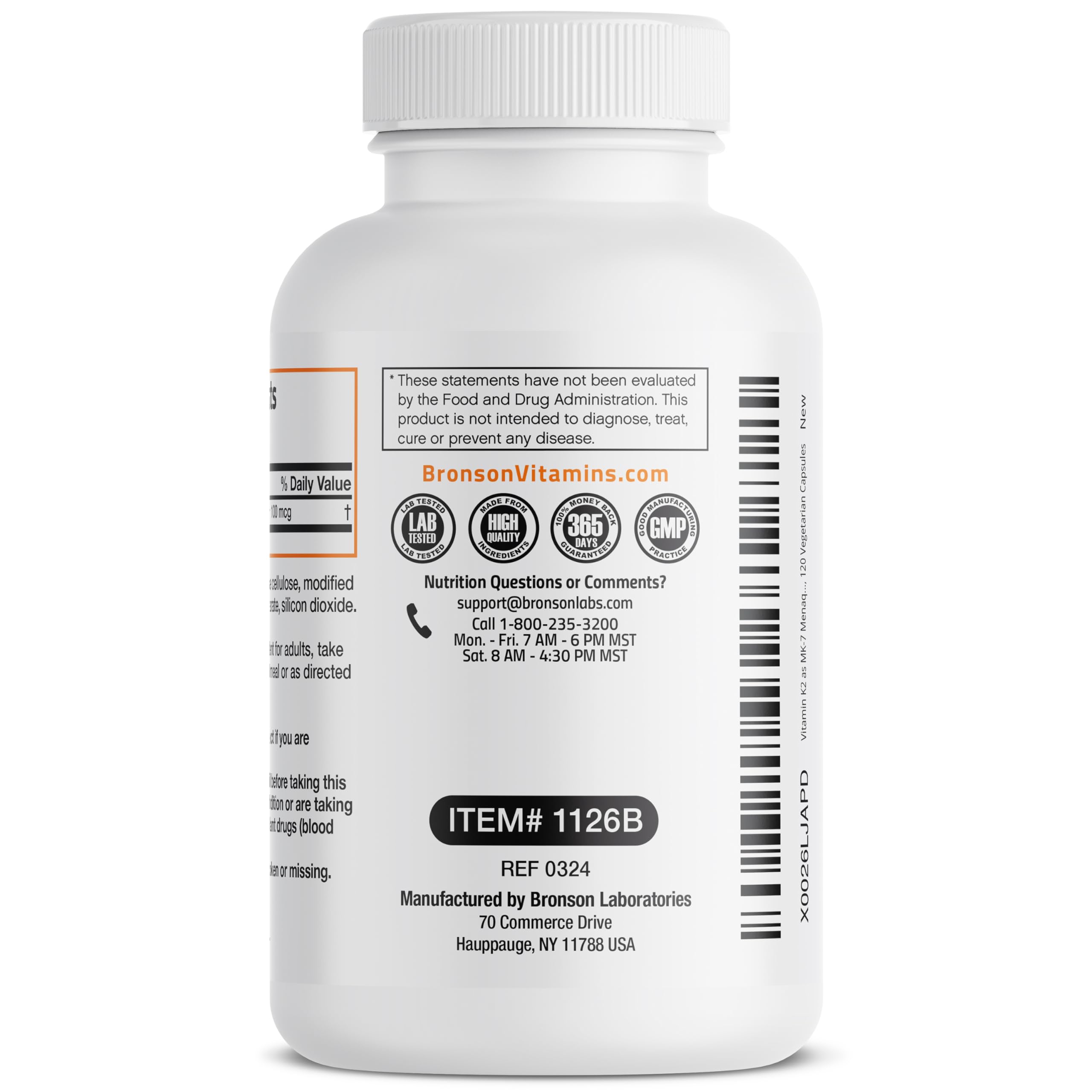 Bronson Vitamin K2 MK-7 non-GMO label; clean formulation and dietary safeguards.
