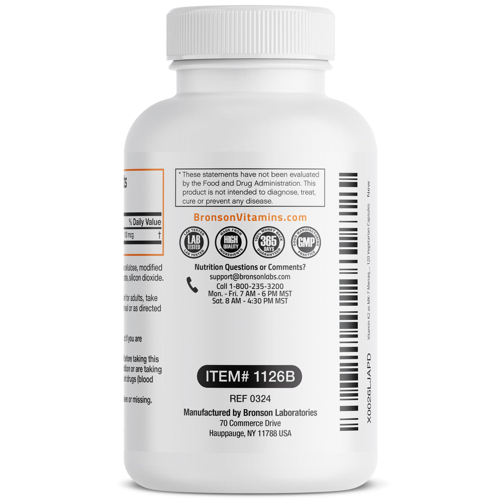 Bronson Vitamin K2 MK-7 non-GMO label; clean formulation and dietary safeguards.