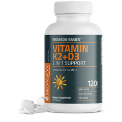 Bronson Vitamin K2 D3 MK-7 bottle shows 120 tablets for daily wellness