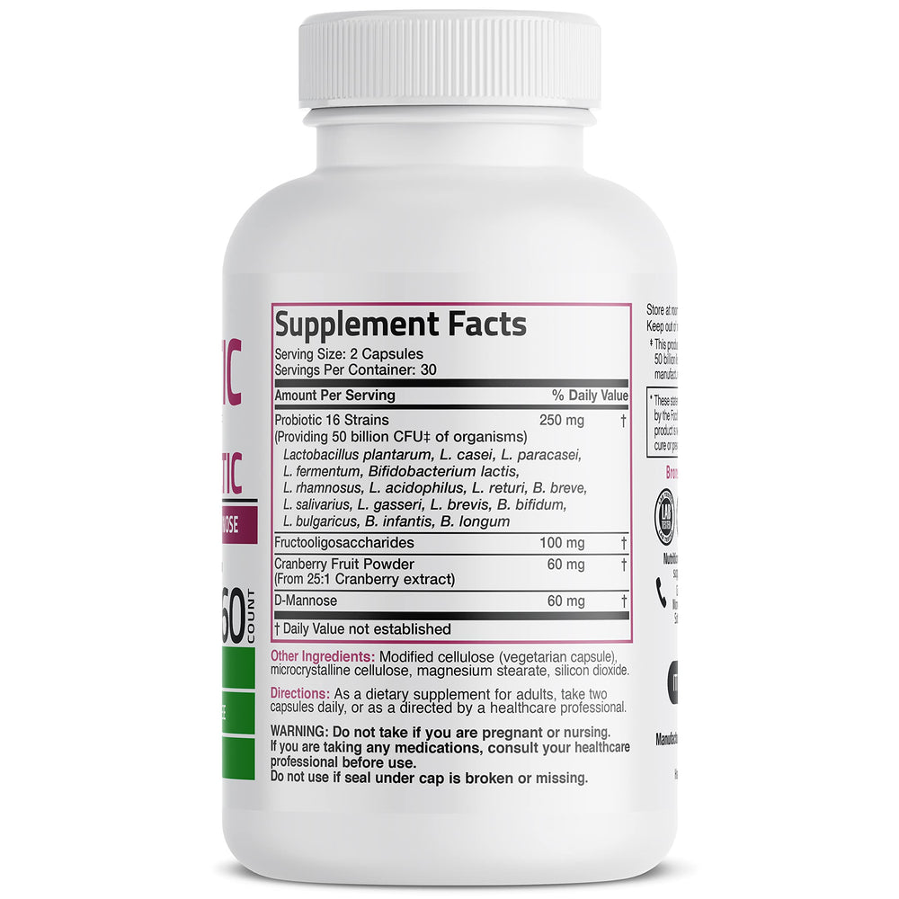 Bronson Women's Probiotic 50B capsules close-up highlighting easy-to-swallow form.