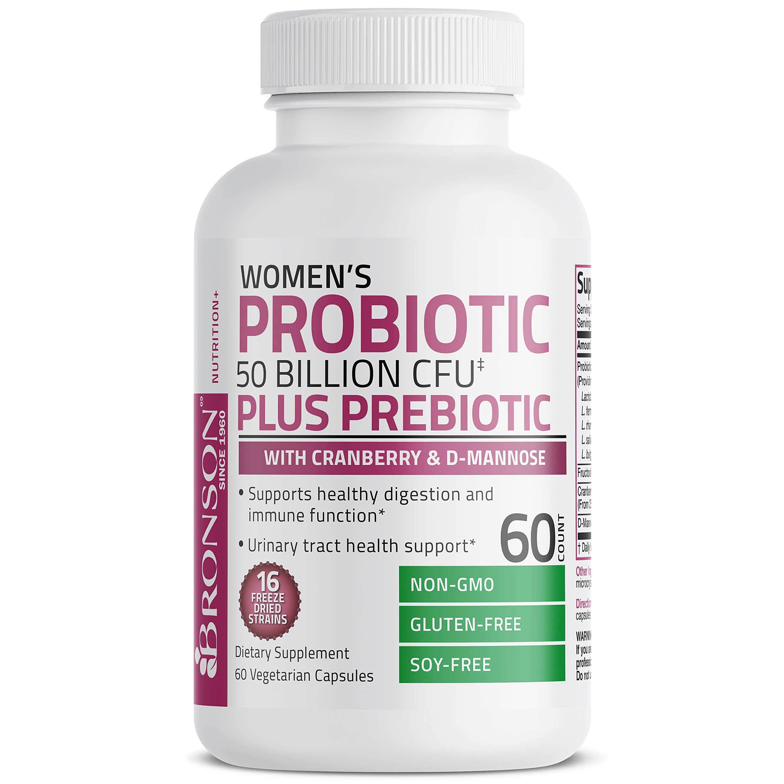 Bronson Women's Probiotic 50B cGMP facility badge signals rigorous production standards.