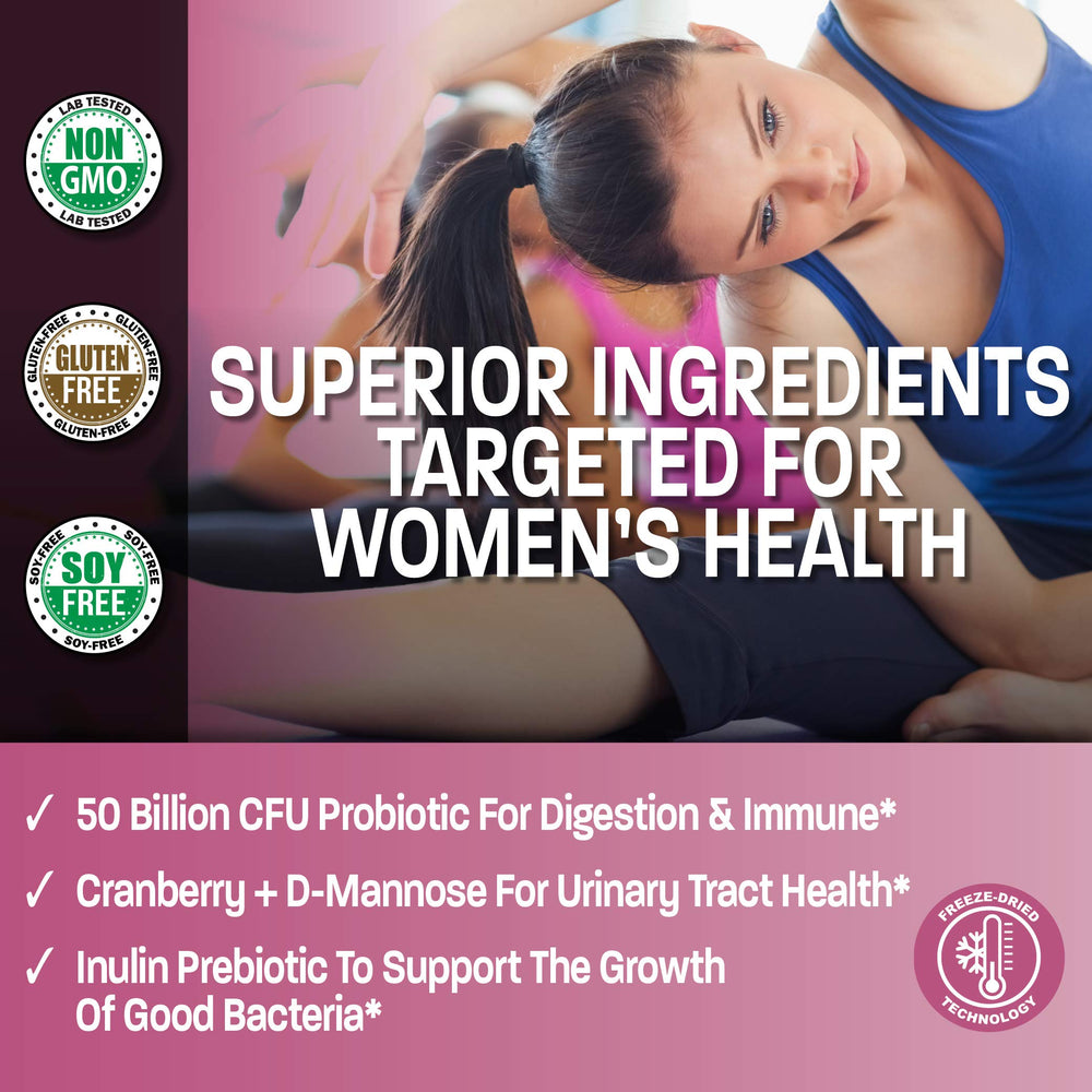 Bronson Women's Probiotic 50B Cranberry-D-Mannose visual for urinary health.