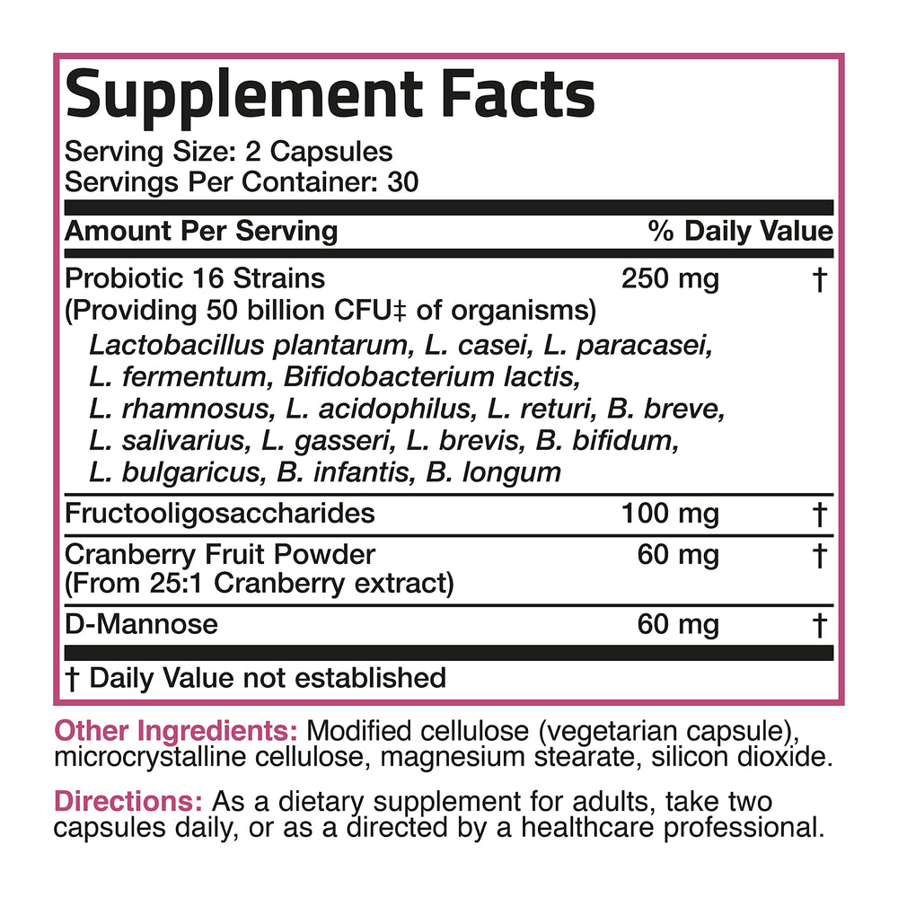 Bronson Women's Probiotic 50B urinary health support visual with cranberry.