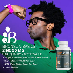 Bronson Zinc 50mg bottle label, highlighting non-GMO and allergen-free features