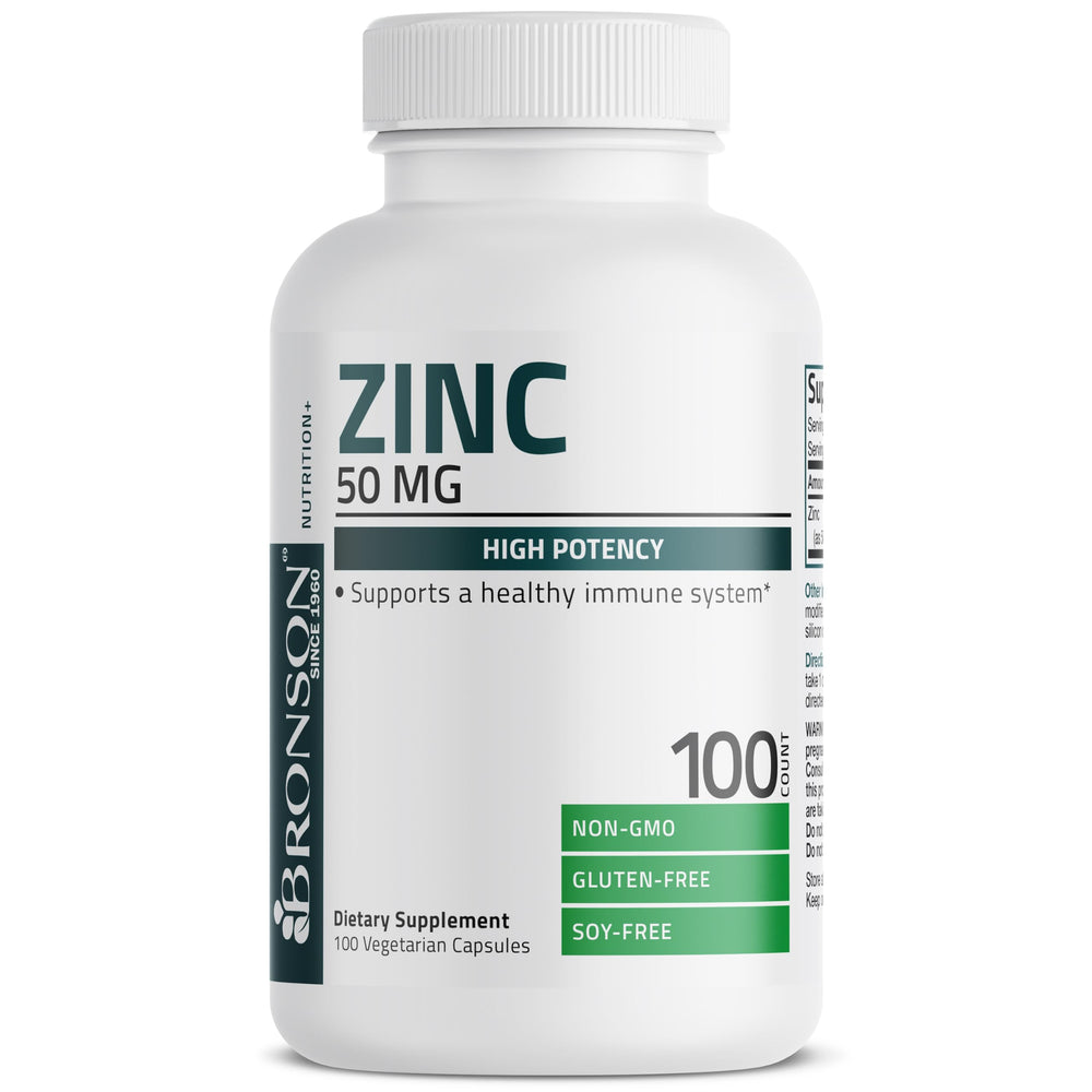 Bronson Zinc 50mg Complex capsules inside image emphasizing vegetarian capsules and high-potency zinc blend