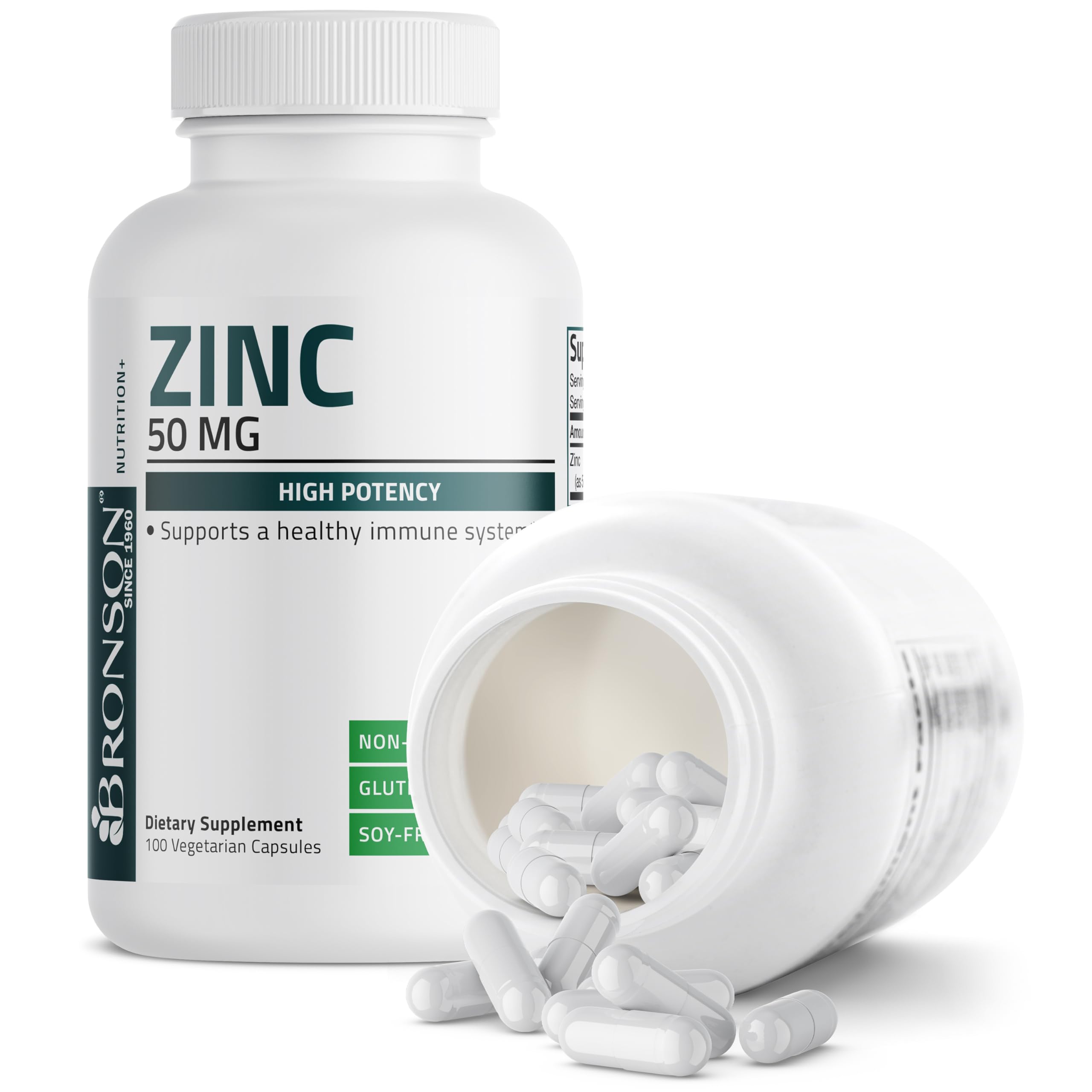 Bronson Zinc 50mg Complex label closeup revealing zinc sources and dosage per capsule