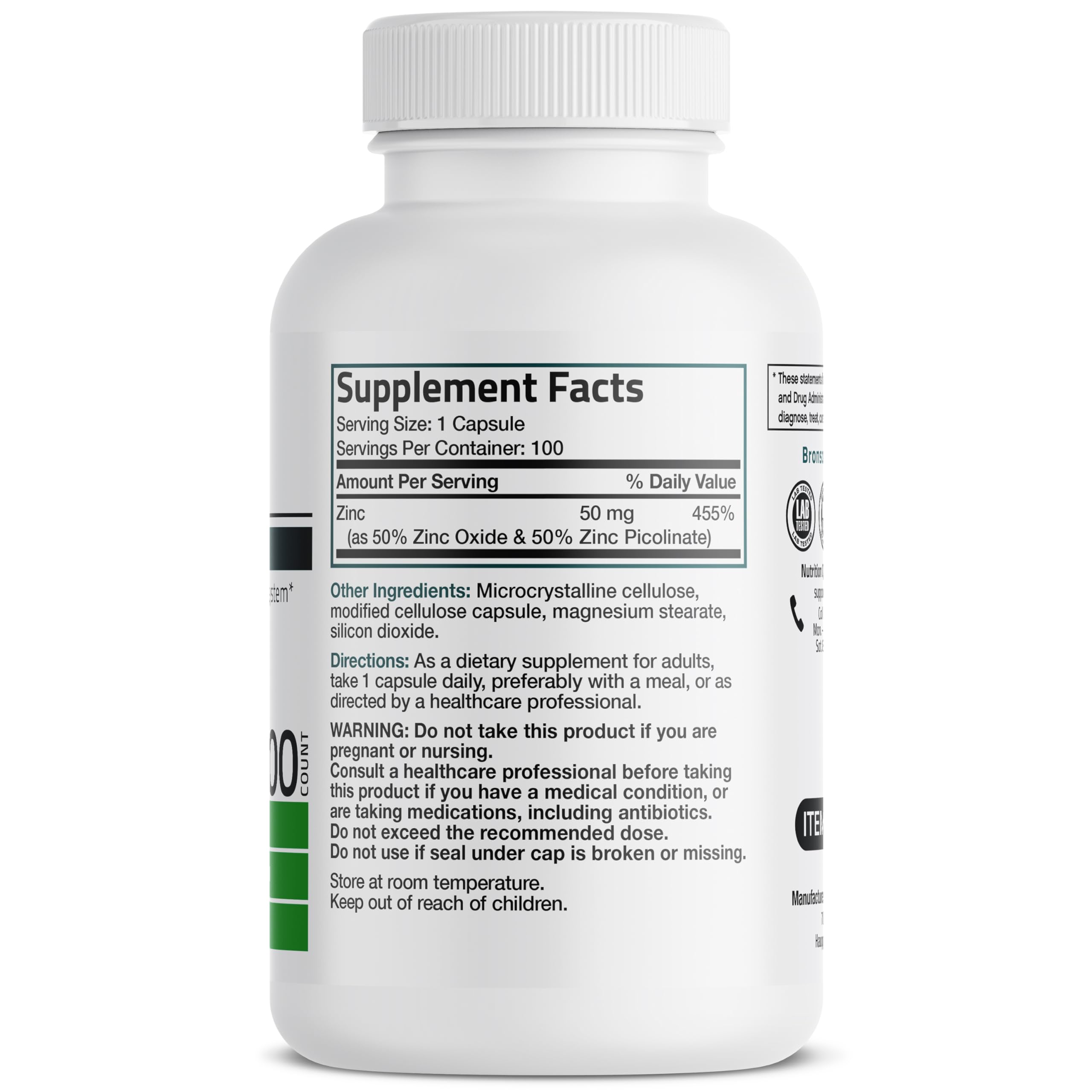 Bronson Zinc 50mg Complex packaging highlighting non-GMO and gluten-free attributes