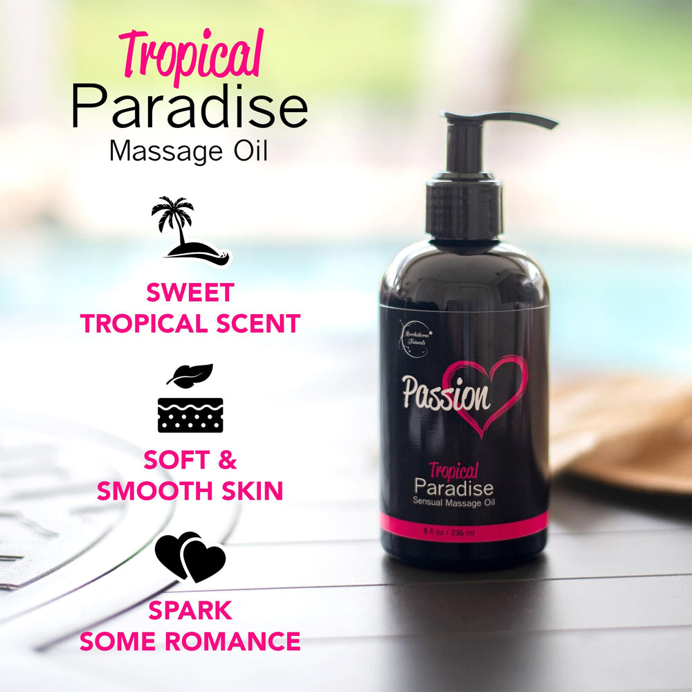 Brookethorne Naturals Passion Massage Oil aromatherapy bloom conveys a tropical scent for date night.