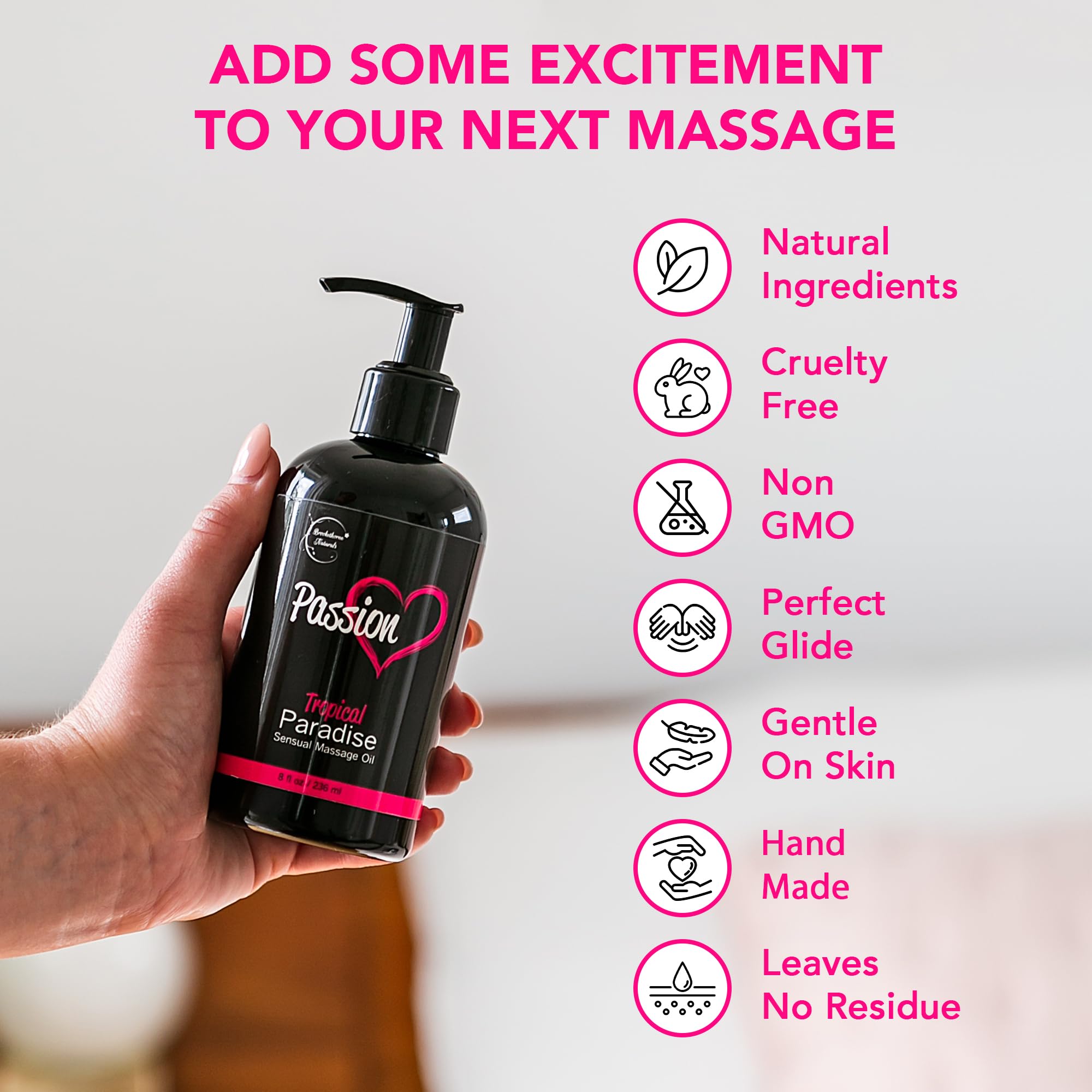 Brookethorne Naturals Passion Massage Oil relaxation shot suggests stress relief during extended massages.