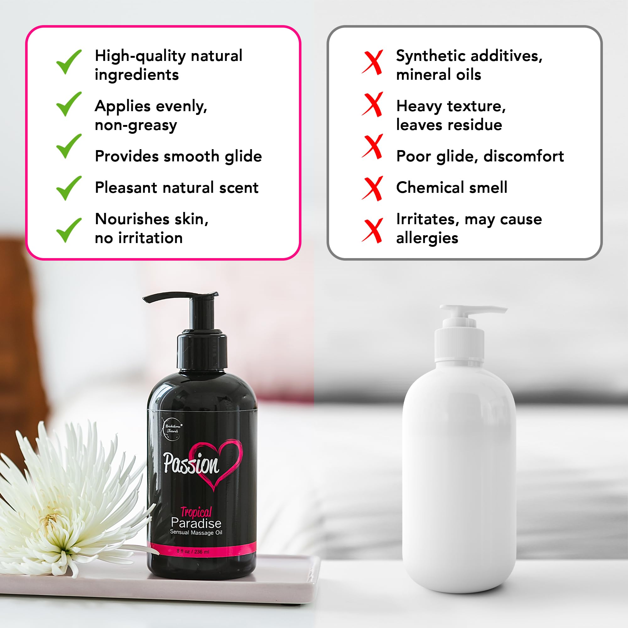 Brookethorne Naturals Passion Massage Oil tropical scent invites a relaxing, sensual atmosphere.
