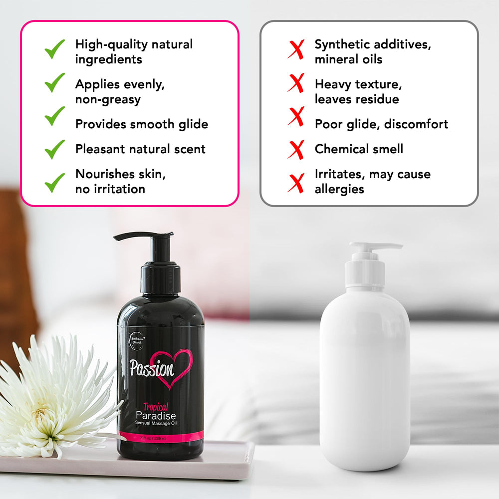 Brookethorne Naturals Passion Massage Oil tropical scent invites a relaxing, sensual atmosphere.