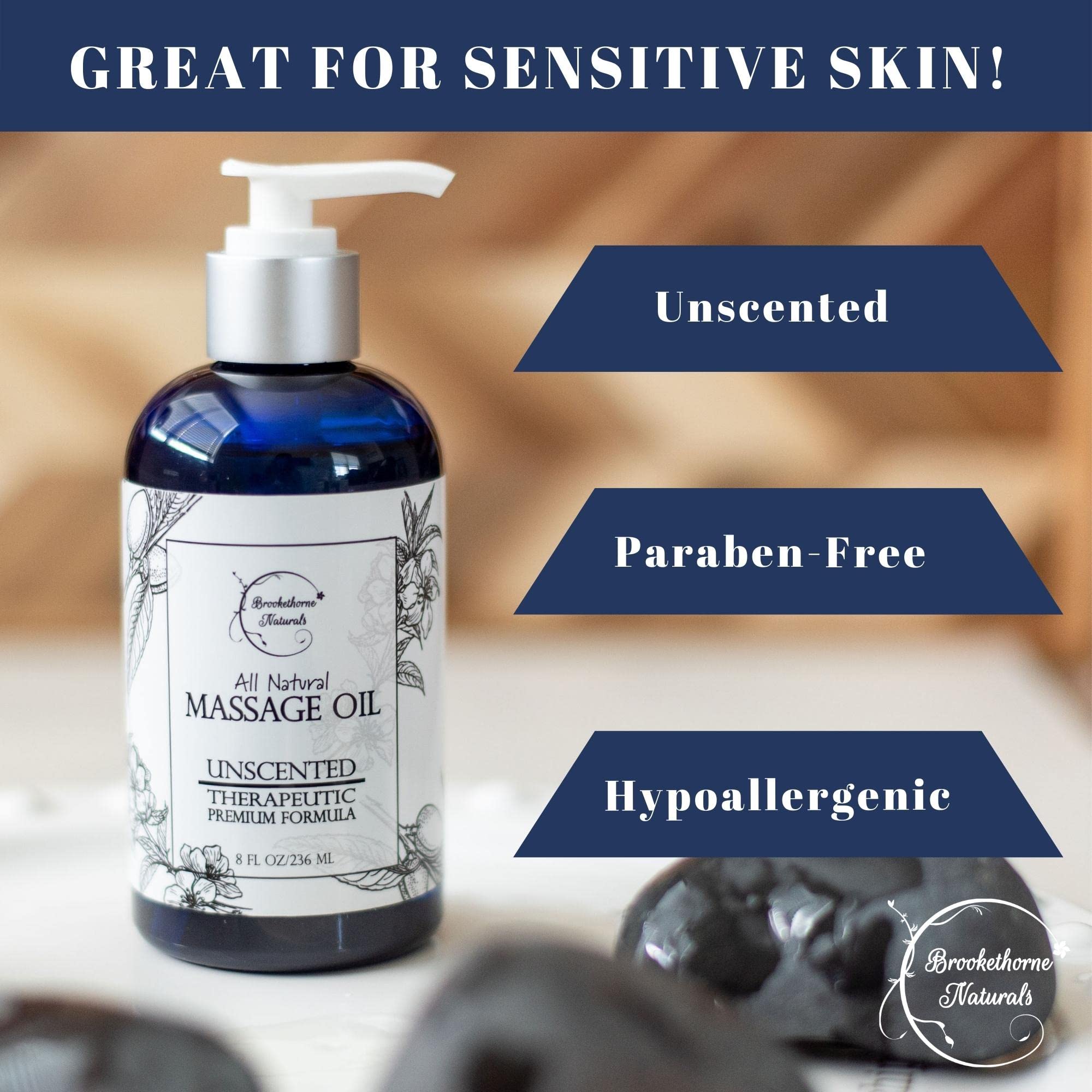 Brookethorne Naturals Unscented Massage Oil pour enables controlled, mess-free at-home sessions