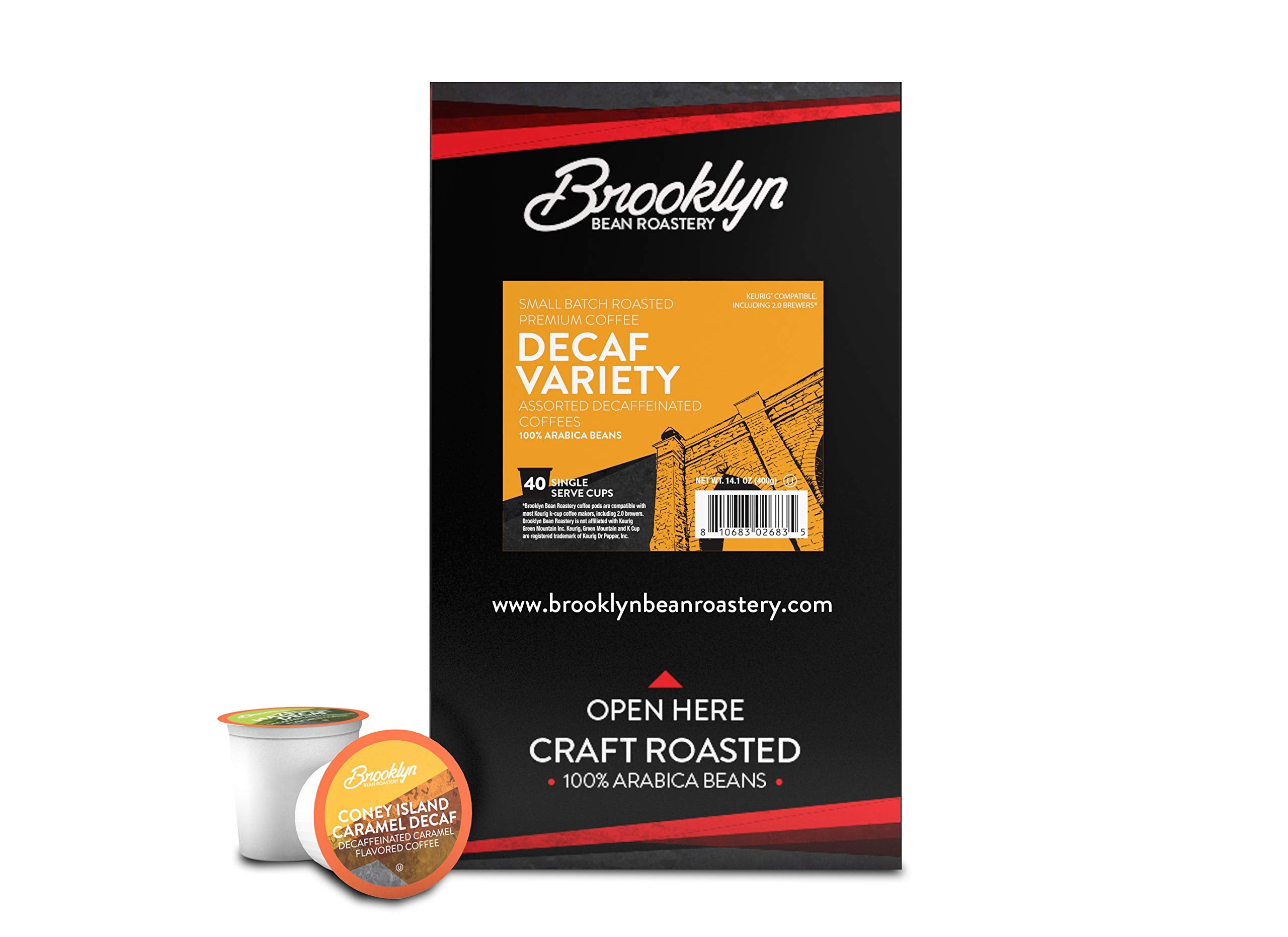 Brooklyn Beans 40-count decaf pods showcased in a carton for easy brewing at home or office.