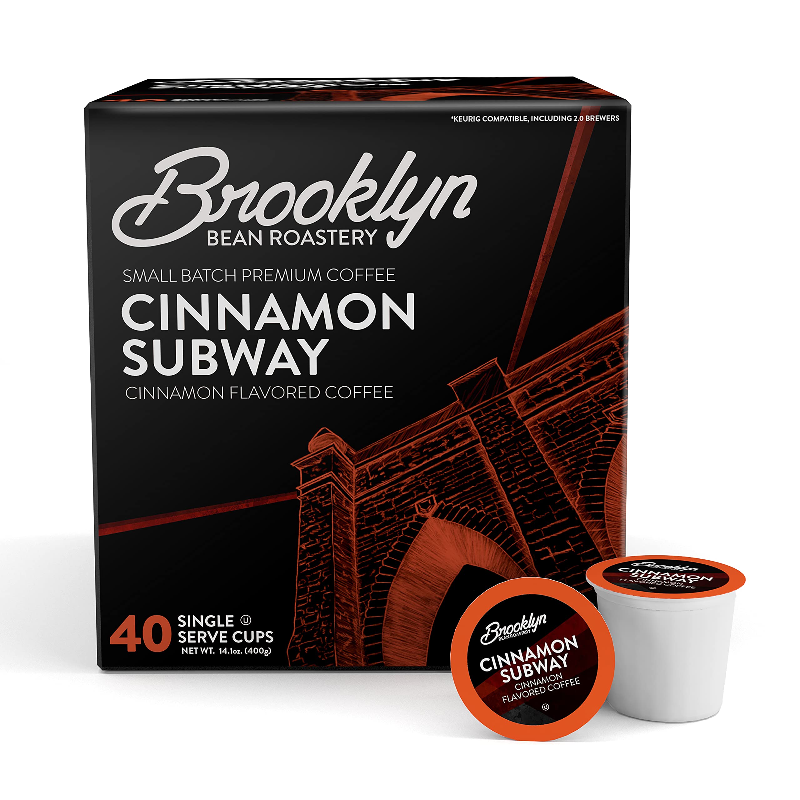 Brooklyn Beans Cinnamon Subway Gourmet Coffee Pods ready for Keurig brews with bold, aromatic flavor.