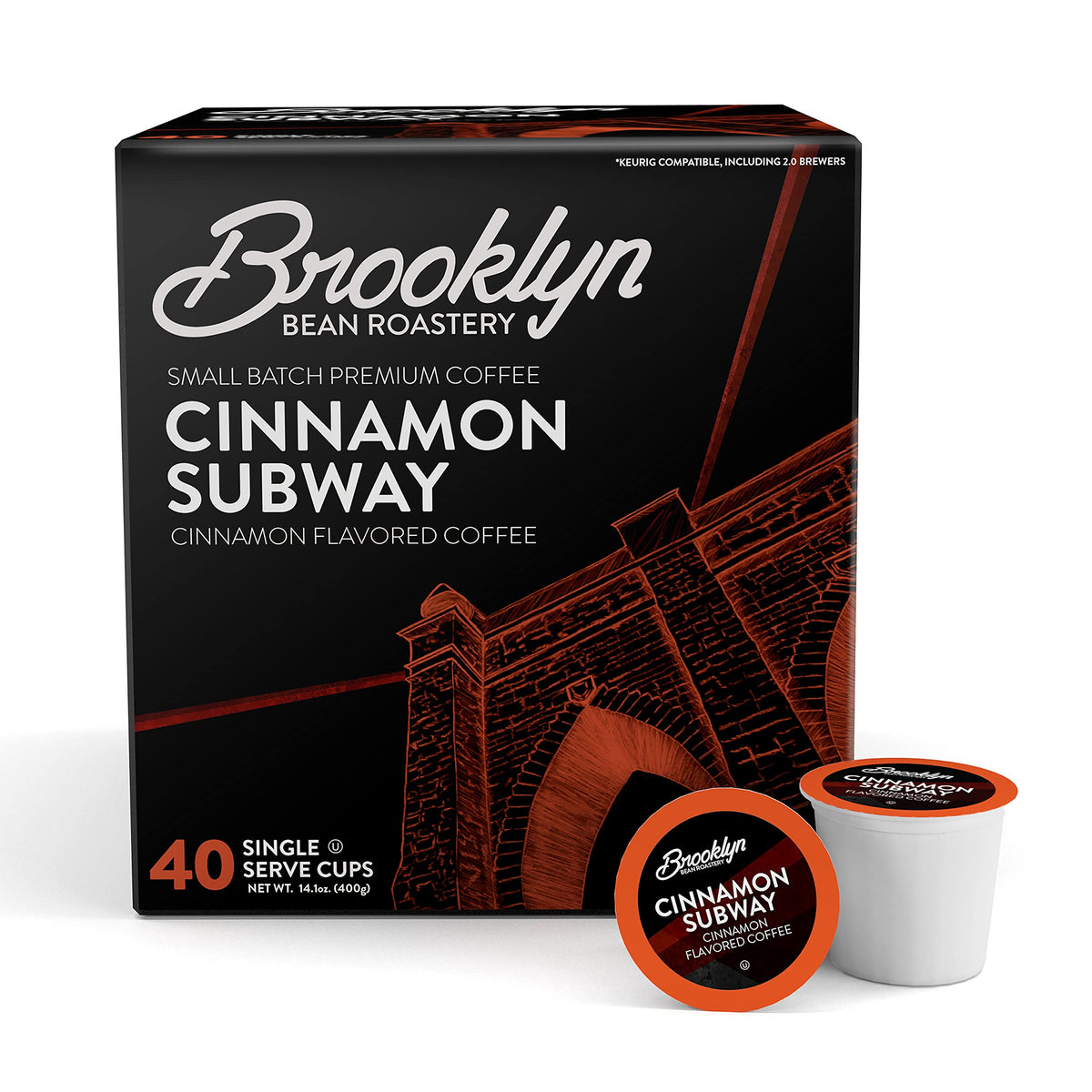 Brooklyn Beans Cinnamon Subway Gourmet Coffee Pods ready for Keurig brews with bold, aromatic flavor.
