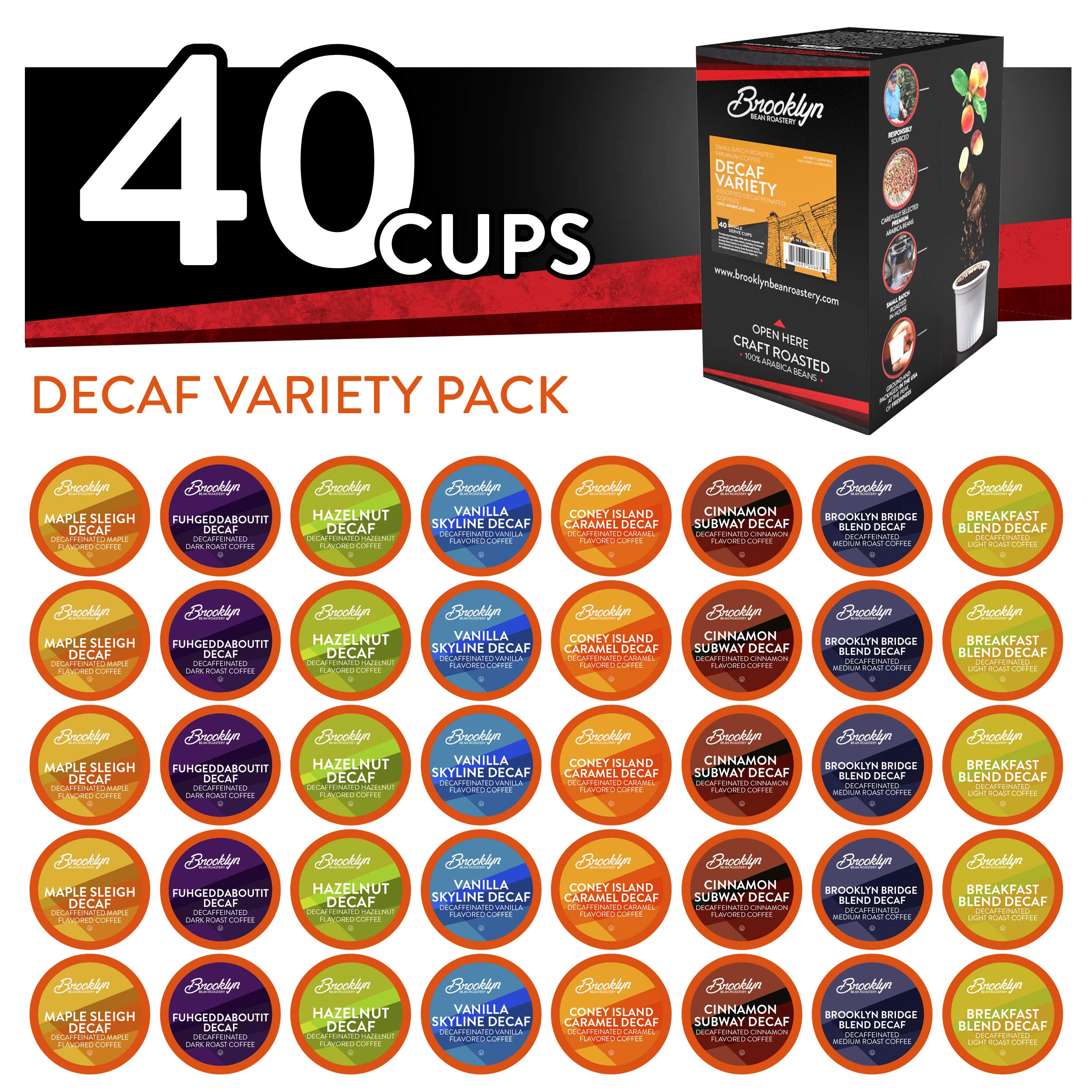 Brooklyn Beans Decaf Variety Pack pods ready for Keurig machines at home or office.