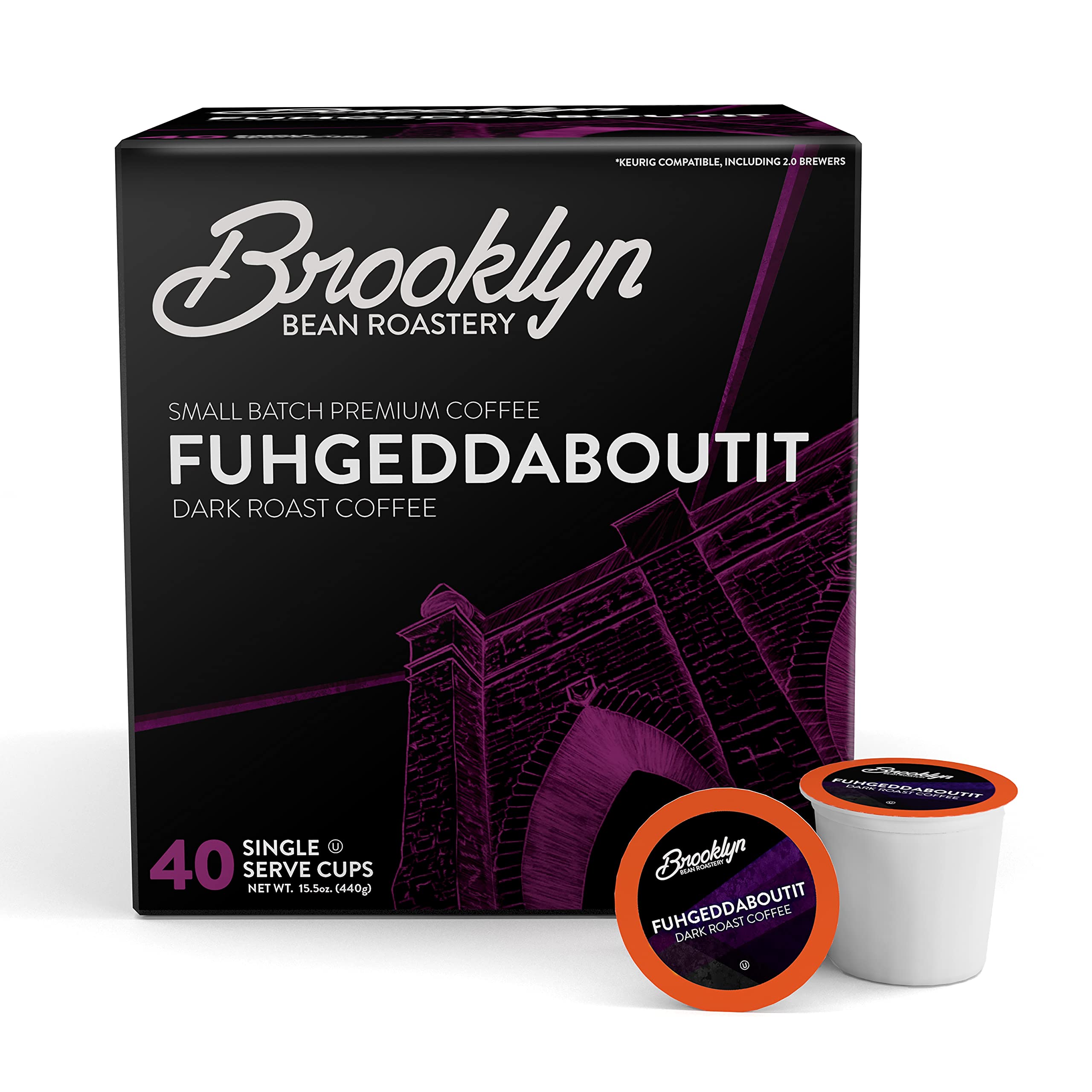 Brooklyn Beans Fuhgeddaboutit pods in a box front, bold flavor for mornings