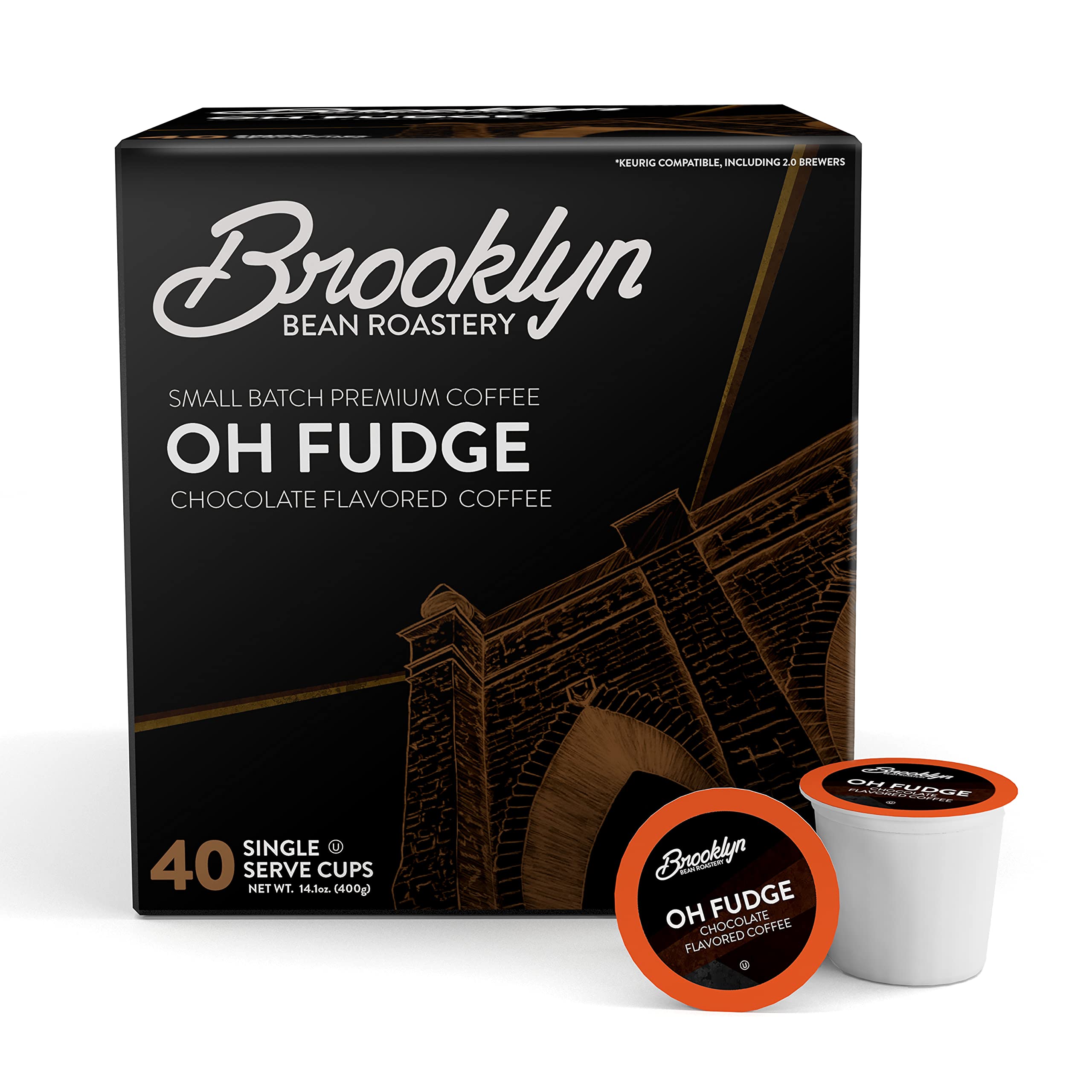 Brooklyn Beans Oh Fudge packaging highlights convenient home brewing.