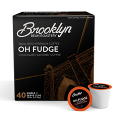 Brooklyn Beans Oh Fudge packaging highlights convenient home brewing.