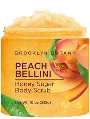 Brooklyn Botany Peach Bellini Sugar Scrub bottle with honey glow moisturizes and nourishes skin.