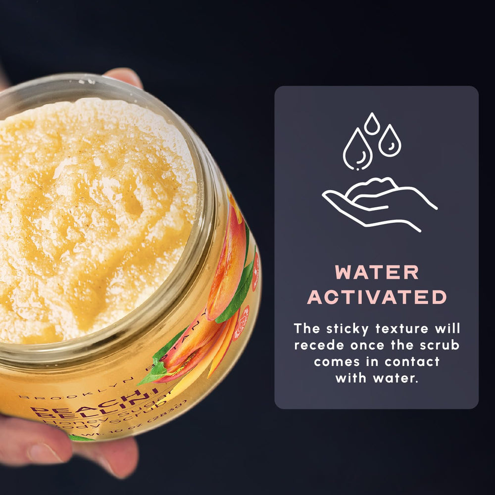 Brooklyn Botany Peach Bellini 10 oz jar fits into daily shower routines for spa-like care.