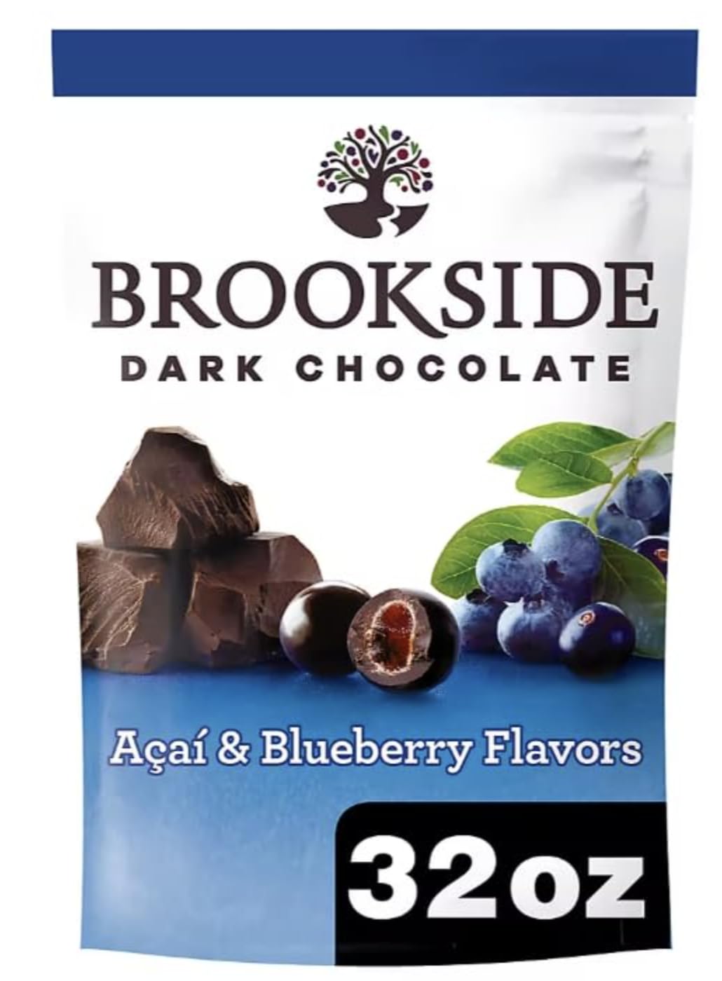 Brookside dark chocolate with acai and blueberry in a 32 oz jar for sharing and everyday treats.