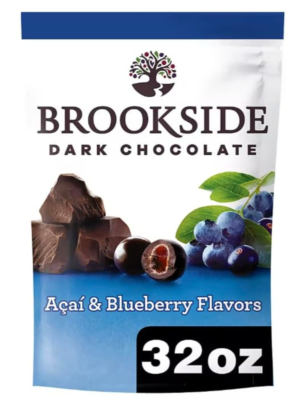 Brookside dark chocolate with acai and blueberry in a 32 oz jar for sharing and everyday treats.