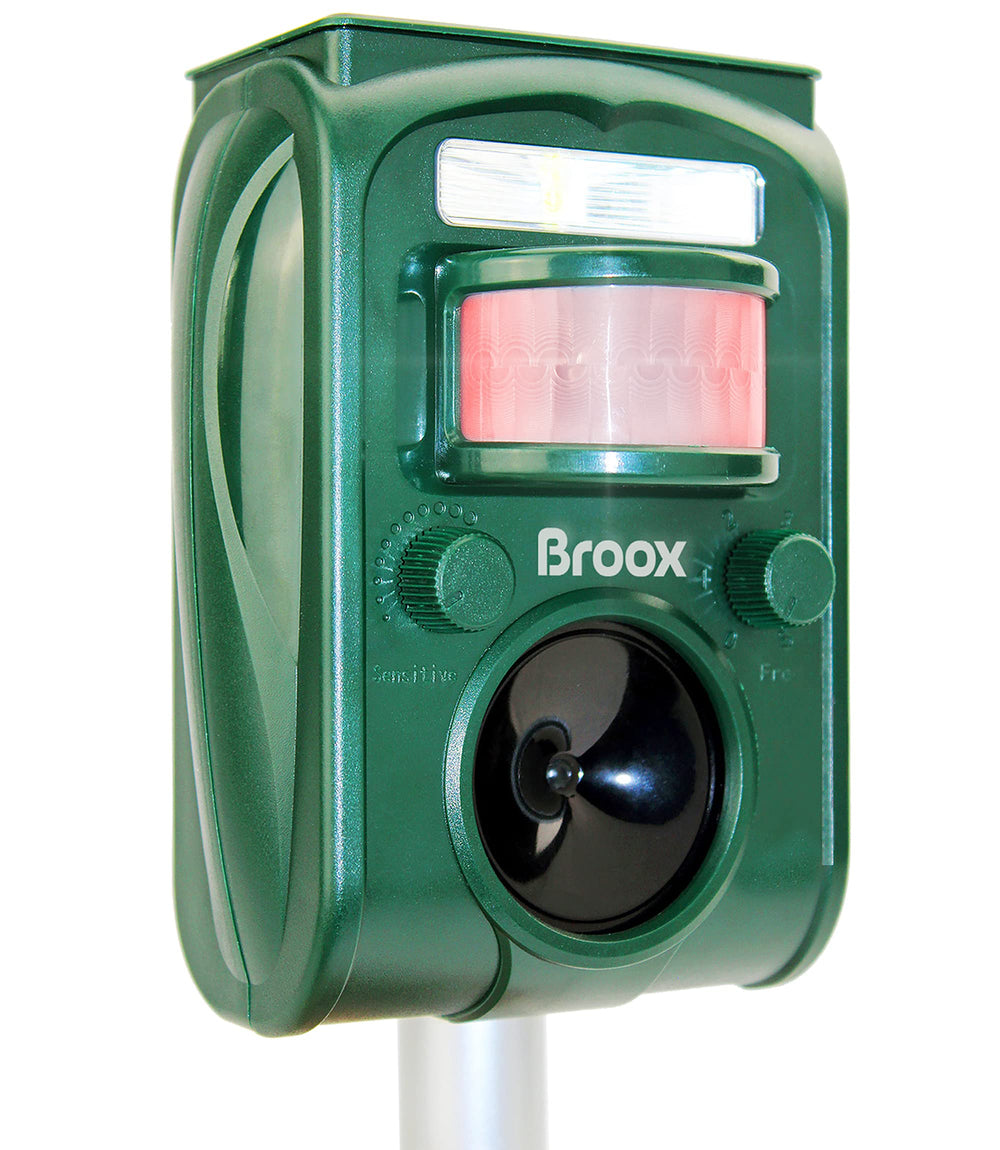 Broox 2026 solar animal repellent front view deters pests with ultrasonic signals.
