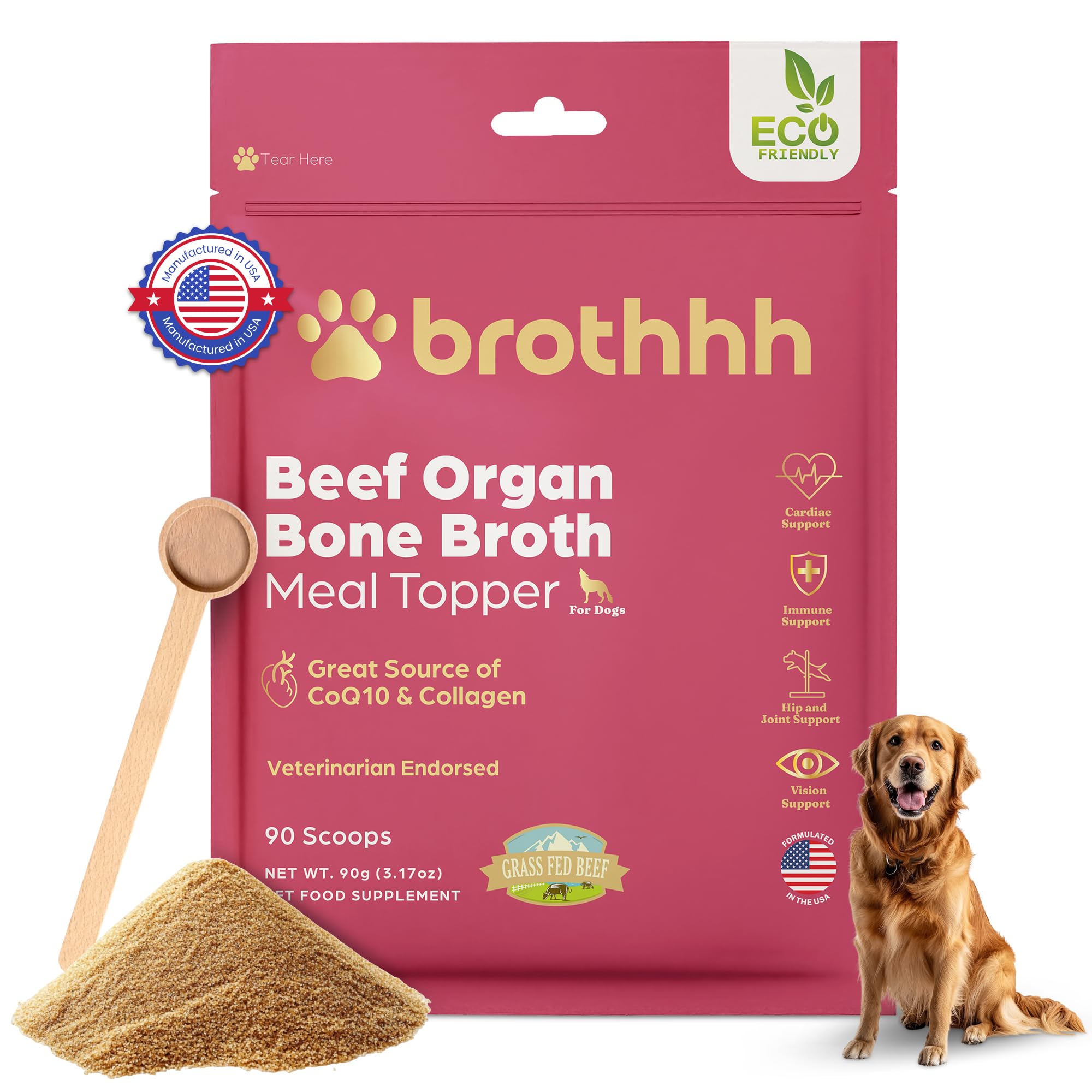 Brothhh beef organ topper sprinkled on dog meals for flavor and nutrition