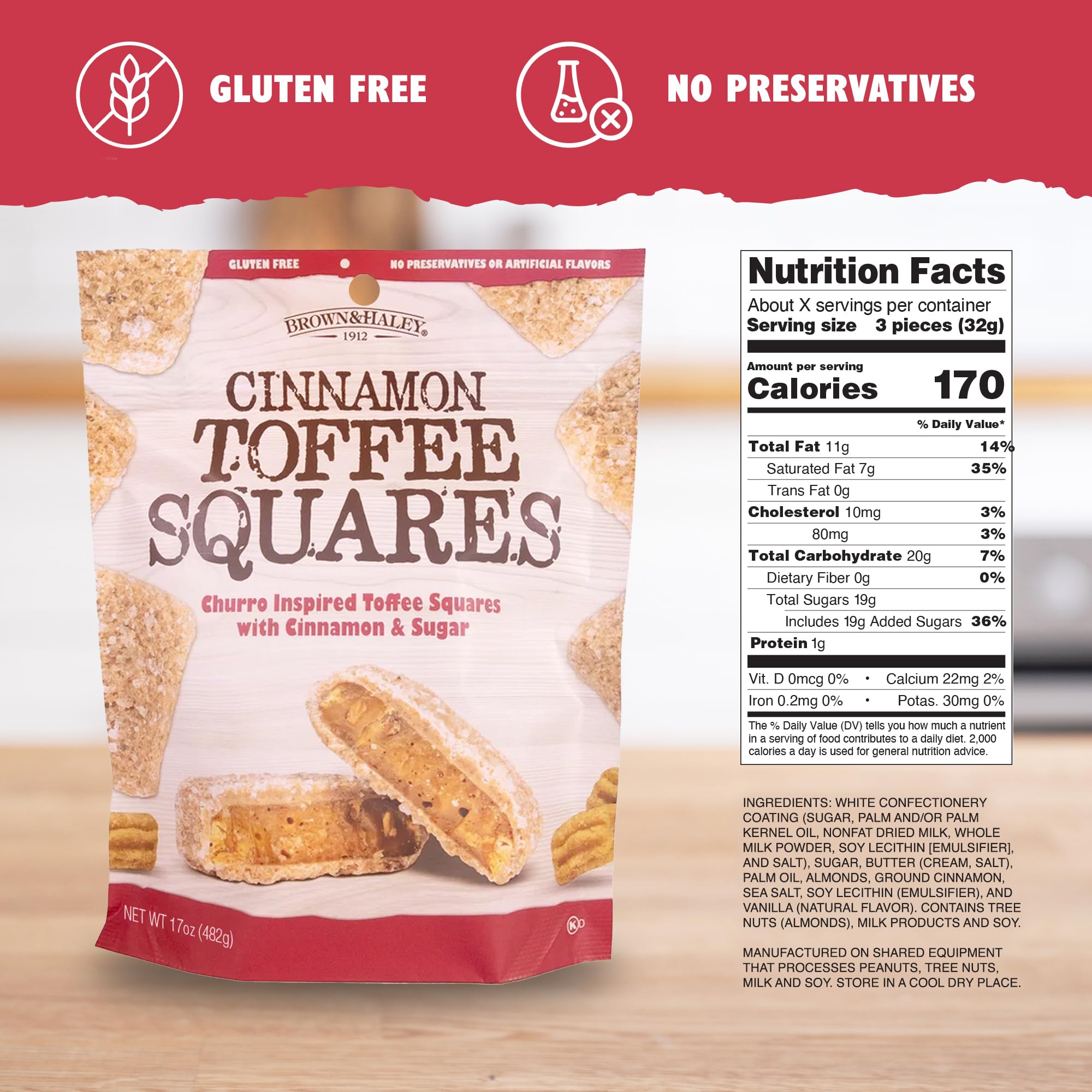 brown & haley cinnamon toffee squares closeup reveals warm cinnamon sugar aroma
